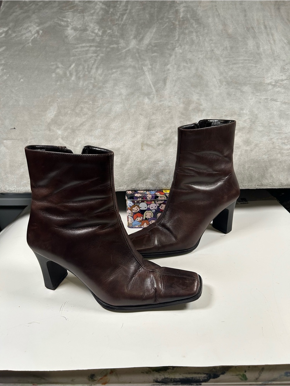 Diba Dark Brown Square-Toe Leather Ankle Boots